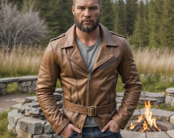 Viking Brown Genuine Leather Belted Jacket | Classic Biker Style | Durable & Stylish for Everyday or Adventure Wear | Vintage Leather Jacket