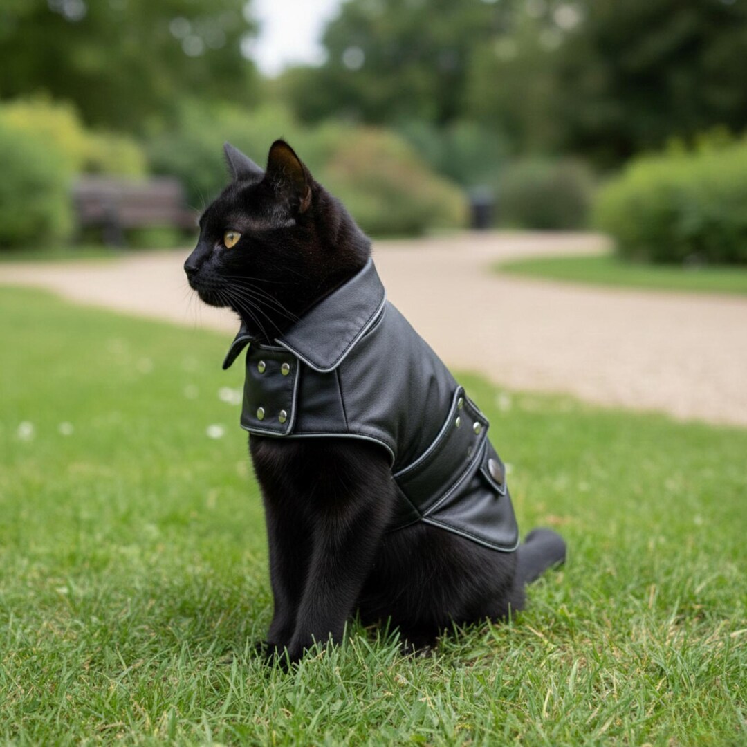 Black Genuine Leather Cat Jacket | Button Front Weather Blocking Feline ...