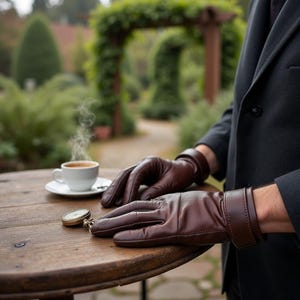 Men’s Brown Leather Gloves, Genuine Leather Gloves, Unlined Wrist-Length Gloves, Classic Gentleman Driving Gloves, Vintage Formal Wear