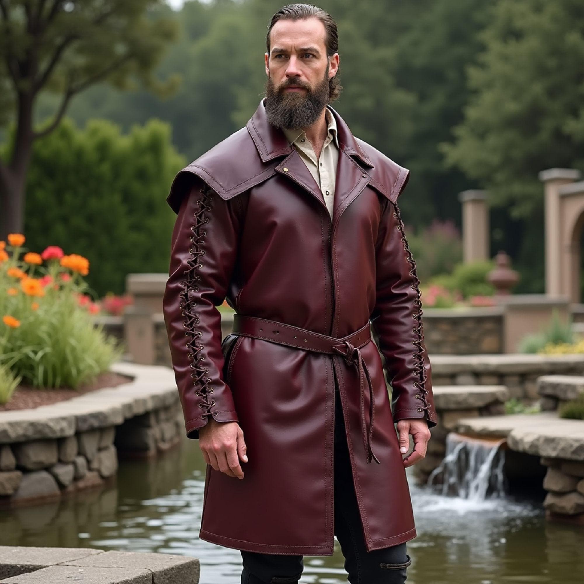 Men's Viking Long Leather Jacket | Custom Medieval Warrior Coat with Lace-Up Sleeves & Belt | Handmade Renaissance Cosplay Attire for LARP
