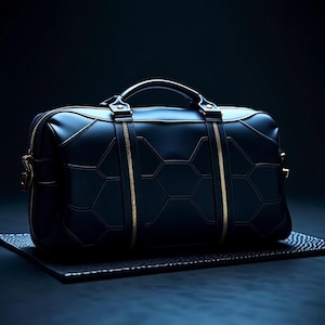 Luxury Black Leather Duffle Bag | Geometric Pattern Design | Golden Zipper Travel Bag | Premium Weekender for Men | Stylish Carry-On Luggage