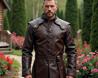 Nordic Fighter Men Viking Leather Long Coat | Handmade Medieval Warrior Trench with Lace-Up Front | Custom Renaissance LARP & Fantasy Armor