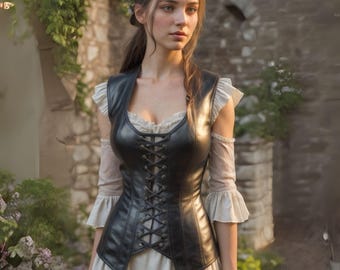 Women&#39;s Black Corset-Style Leather Vest | Elegant Lace-Up Design | Perfect for Renaissance Fairs, Cosplay, & Vintage-Inspired Outfits