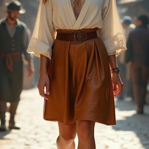 Women&#39;s Tan Leather Skirt, High Waist  Leather Skirt, Medieval Renaissance Skirt, Viking LARP Costume Bottom, Fantasy A-Line Skirt