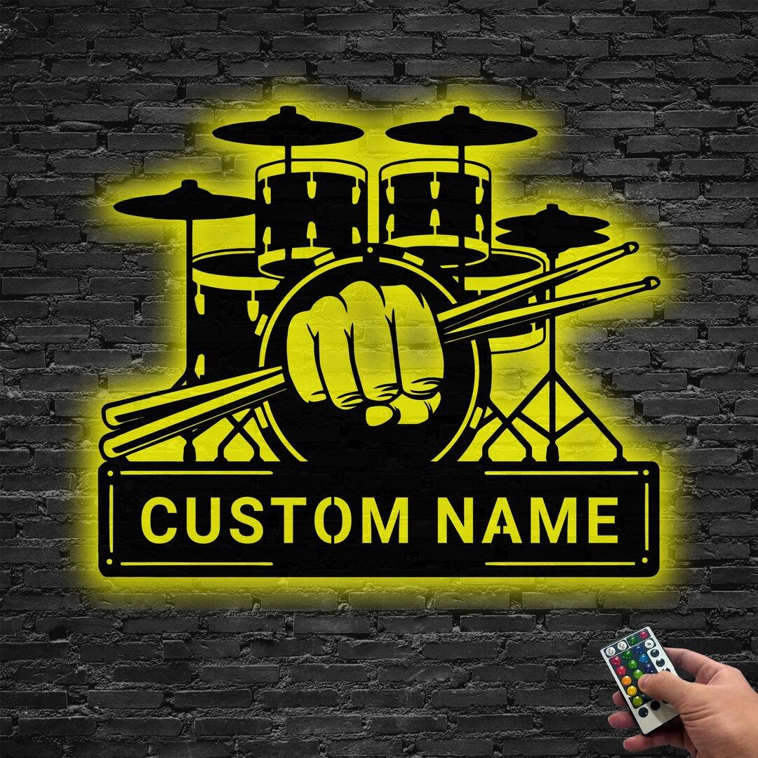 Drummer Sign Personalized Drum Set Metal Wall Art With LED Light, Custom Drummer ...