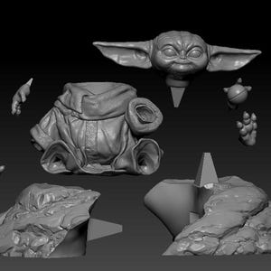 May include: A 3D printed model of a character from the Star Wars franchise, The Child, also known as Baby Yoda. The model is broken down into multiple pieces, including the head, body, and a rock base.