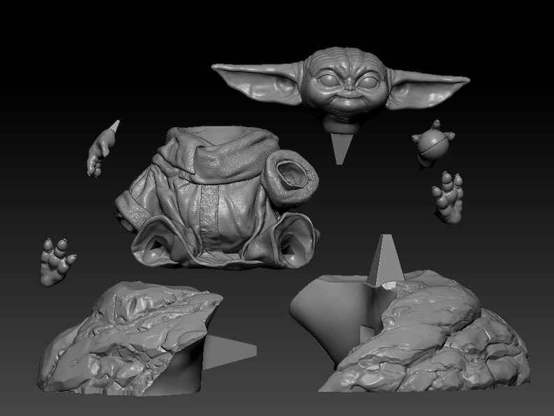 May include: A 3D printed model of a character from the Star Wars franchise, The Child, also known as Baby Yoda. The model is broken down into multiple pieces, including the head, body, and a rock base.