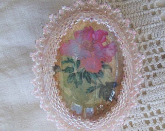 Beadwork - water colour flower print cabochon with bezeled edging