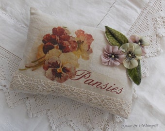 Pansy print flower trimmed small decorative cushion or pincushion