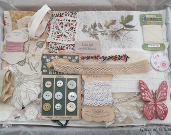 Slow Stitch Creativity Kit, Assorted Fabrics, Embroidery, Vintage Trims and Buttons