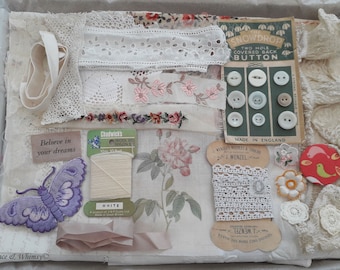 Slow Stitch Creativity Kit, Assorted Fabrics, Embroidery, Vintage Trims and Buttons