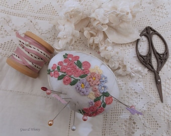 Embroidery - hand embroidered floral pincushion in vintage baking tin