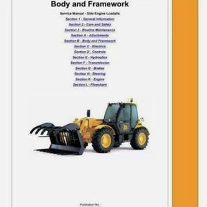 Könnte beinhalten: Ein Servicehandbuch mit dem Titel "Body and Framework" mit einem JCB-Logo. Das Handbuch listet Abschnitte zu Themen wie allgemeine Informationen, Pflege, Sicherheit, routinemäßige Wartung und Anbaugeräte auf. Abgebildet ist ein gelb-schwarzer JCB-Lader.
