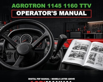 May include: Deutz Agrotron 1145 1160 TTV operator's manual digital PDF. The image shows a tractor steering wheel, dashboard gauges, and an open technical manual with black and white mechanical diagrams. The text reads AgriManual Trusted Since 1995.