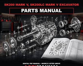 May include: A Kobelco SK200 Mark V and SK200LC Mark V excavator parts manual. The cover features white text on a black background with a detailed exploded view illustration of mechanical components and an open manual page.