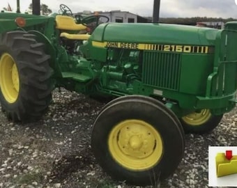 May include: A green John Deere 2150 tractor with yellow wheels and accents. The tractor has large black tires and a yellow seat. The John Deere logo and model number are visible on the side of the tractor.