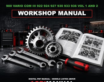 May include: A Fendt 900 Vario Com III 922 924 927 930 933 936 Vol 1 and 2 workshop manual with two metal gears, two open-ended wrenches, a small metal cylinder, and a screwdriver with a red and black handle. Text reads AgriManual Trusted Since 1995.