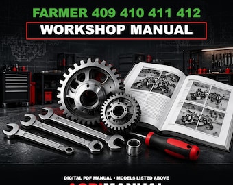 May include: A Fendt Farmer 409 410 411 412 workshop manual digital PDF. The image displays two metal gears, two open-ended wrenches, a screwdriver with a red and black handle, and an open technical manual with diagrams on a dark workspace.