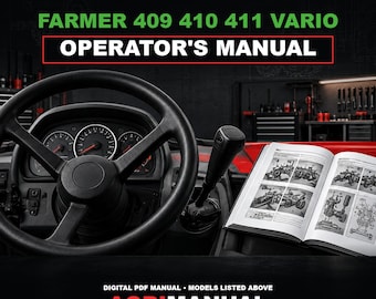 May include: An operator's manual for Fendt Farmer 409, 410, and 411 Vario tractors. The manual is open, showing technical diagrams of tractor components. The background features a black steering wheel and dashboard, with the text AgriManual at the bottom.