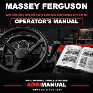 Pode incluir: Um manual do operador Massey Ferguson para tratores das séries 6235, 6245, 6255, 6260, 6265, 6270, 6280, 6290, 6200, modelo 3379 805 M3. O manual está aberto, mostrando diagramas técnicos ao lado de um volante de trator preto.