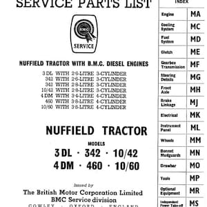 May include: A vintage mechanical service parts list for Nuffield tractors with B.M.C. diesel engines. The document includes an index, model specifications, and contact information for the British Motor Corporation Limited.