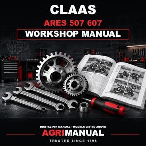 Può includere: Un manuale d'officina CLAAS ARES 507 607 con testo su sfondo nero. L'immagine mostra due ingranaggi in metallo, due chiavi fisse, un cacciavite con manico rosso e nero e un manuale tecnico aperto con diagrammi illustrati.