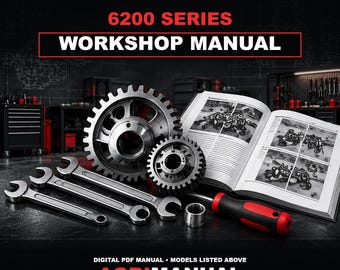 Pode incluir: Um manual de oficina Massey Ferguson 6200 Series com texto, apresentando duas engrenagens de metal, duas chaves de boca, um pequeno cilindro de metal e uma chave de fenda com cabo vermelho e preto. O texto diz Massey Ferguson 6200 Series Workshop Manual.