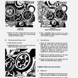 May include: Diagram in black and white showing engine timing gears, with labels for parts such as the injection pump gear and camshaft drive gear. Includes figures 22, 23, and 24 with instructions for cleaning, inspection, and installation.