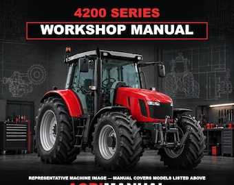 Pode incluir: Uma capa de manual de oficina da série 4200 da Massey Ferguson com um trator vermelho brilhante sobre um fundo escuro com desenhos técnicos. O texto diz MASSEY FERGUSON 4200 SERIES WORKSHOP MANUAL, REPRESENTATIVE MACHINE IMAGE e AGRIMANUAL.
