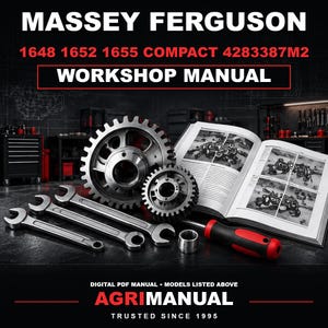 Peut inclure: Un manuel d'atelier numérique PDF Massey Ferguson 1648 1652 1655 Compact 4283387M2. L'image montre deux engrenages en métal, deux clés plates, un tournevis à manche rouge et noir, et un manuel technique ouvert avec des schémas.