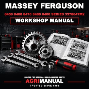 May include: A Massey Ferguson 8450 8460 8470 8480 8400 series 3378647M2 workshop manual digital PDF. The image displays two metal gears, two open-ended spanners, a screwdriver with a red and black handle, and an open technical manual with diagrams.