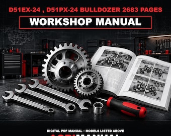 May include: A Komatsu D51EX-24 and D51PX-24 bulldozer workshop manual with 2683 pages. The image features two metal gears, two open-ended wrenches, a screwdriver with a red and black handle, and an open technical manual on a dark surface.