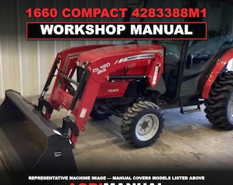 Pode incluir: Um trator vermelho Massey Ferguson 1643 com um carregador frontal DL120. A imagem contém o texto MASSEY FERGUSON 1660 COMPACT 4283388M1 WORKSHOP MANUAL, REPRESENTATIVE MACHINE IMAGE — MANUAL COVERS MODELS LISTED ABOVE, e AGRIMANUAL TRUSTED SINCE 1995.