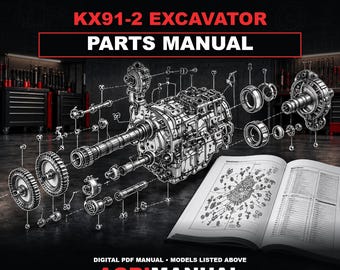 May include: A parts manual for the Kubota KX91-2 excavator, featuring a white technical exploded view diagram of mechanical components on a black background. The text reads KUBOTA KX91-2 EXCAVATOR PARTS MANUAL, DIGITAL PDF MANUAL, and AGRIMANUAL.