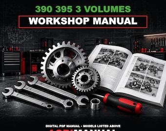 May include: A Fendt 390 395 3 Volumes Workshop Manual digital PDF guide featuring two metal gears, two open-end wrenches, a small metal cylinder, and a screwdriver with a red and black handle. The text reads FENDT 390 395 3 VOLUMES WORKSHOP MANUAL and AGRIMANUAL TRUSTED SINCE 1995.
