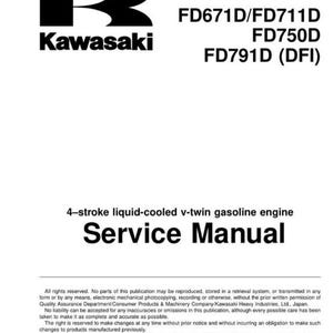 Könnte beinhalten: Ein Servicehandbuch für einen Kawasaki-Motor. Das Cover zeigt das Kawasaki-Logo in Schwarz und Grün, mit den Modellnummern FD671D/FD711D, FD750D und FD791D (DFI). Der Titel "Service Manual" ist deutlich sichtbar.