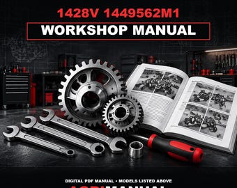 Pode incluir: Um manual de oficina Massey Ferguson 1428V 1449562M1 em formato PDF digital. A imagem mostra duas engrenagens de metal, duas chaves de boca, uma chave de fenda com cabo vermelho e preto e um manual técnico aberto com diagramas.