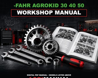 May include: A workshop manual for Deutz-Fahr Agrokid 30 40 50 tractors, featuring an open book with technical diagrams, two large metal gears, two silver wrenches, a small metal cylinder, and a screwdriver with a black and red handle.