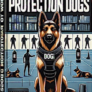 May include: A book cover with the title "How to Train Protection Dogs" and an illustration of a German Shepherd wearing a protective vest and sitting in a training environment. The dog is wearing a vest that says "Dogi" on it.