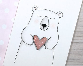 Personalized Hand Drawn Card with Small Hart Gift - Wooden Brooch Heart Lapel Pin - Bear Hug Card and Gift - Valentine Love Card for Her