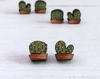 Cactus Wooden Earrings Studs - Mismatched Titanium Earrings - Plant Lover Jewelry Gift - Tiny Cacti Earring Studs - Everyday Earrings