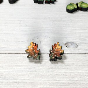 Autumn Oak Leaf Titanium Earrings Nature Inspired Wooden Earrings Treelover Gift Tiny Botanical Jewelry Hypoallergenic Earring Studs image 4