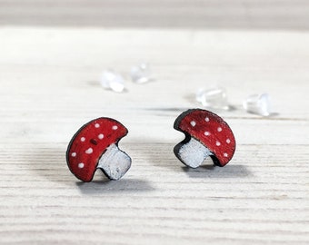 Red Mushroom Wooden Earrings Studs - Titanium Earrings Girls - Autumn Jewelry - Tiny Mushrooms Studs - Forest Earrings - Everyday Earrings