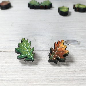 Autumn Oak Leaf Titanium Earrings Nature Inspired Wooden Earrings Treelover Gift Tiny Botanical Jewelry Hypoallergenic Earring Studs image 2