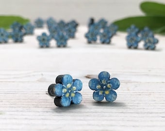 Forget Me Not Earrings Studs - Wooden Floral Earrings - Flower Studs - Going Away Gift for Girl - Titanium Earrings Nature - Minimal Studs