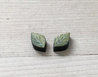 Green Leaf Earrings Titanium Studs - Nature Inspired Wooden Earrings - Vegan Jewelry Gift - Tiny Botanical Jewelry - Hypoallergenic Earrings