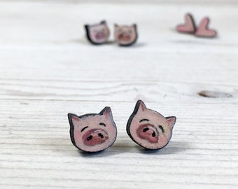 Tiny Pig Good Luck Earrings Studs Wood - Pig Lover Gift - Cute Pigs Gifts - Farm Animal Theme - Farmers Girl - Gift for Vegan Animal Lover