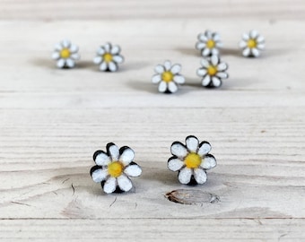 Daisy Flower Earrings Studs - Titanium Earrings - Floral Earrings - Nature Jewelry for Women - Spring Stud Earrings - Tiny Wooden Earrings