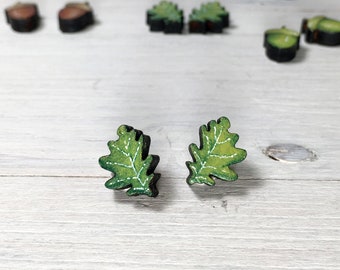 Autumn Oak Leaf Titanium Earrings - Nature Inspired Wooden Earrings - Treelover Gift - Tiny Botanical Jewelry - Hypoallergenic Earring Studs