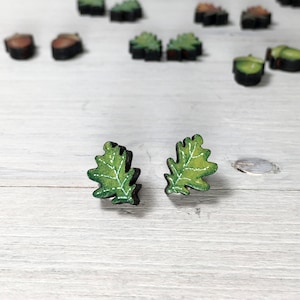 Autumn Oak Leaf Titanium Earrings Nature Inspired Wooden Earrings Treelover Gift Tiny Botanical Jewelry Hypoallergenic Earring Studs Green